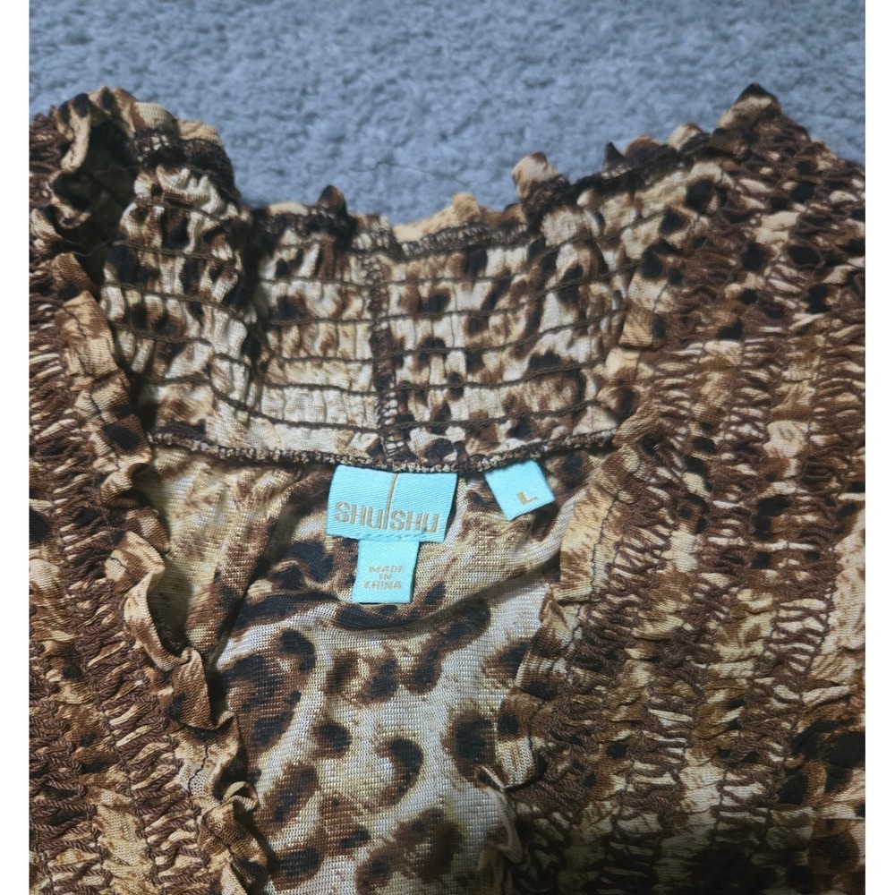 ShuShu Leopard Animal Print Boho Top Size L Smocked Neckline Tribal Border FLAWS - Picture 6 of 11
